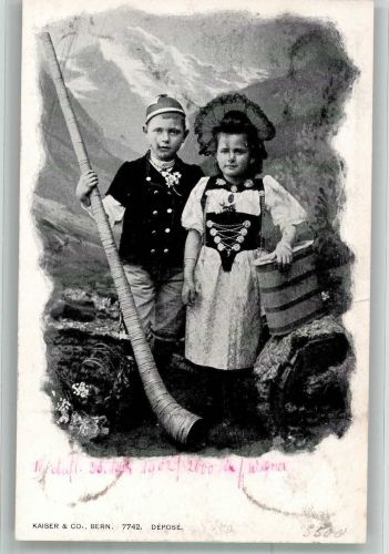 Kinder in Schweizer Tracht Kaiser u. Co. 7742 Alphorn 1902