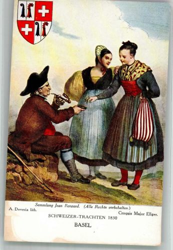 sign. Deveria A. Trachten Schweiz 1930 Basel Tracht Schweiz Künstlerkarte