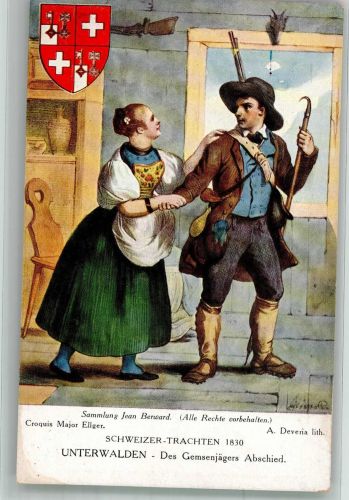 sign. Deveria A. Trachten Schweiz 1930 Unterwalden Abschied Tracht Schweiz Künstlerkarte