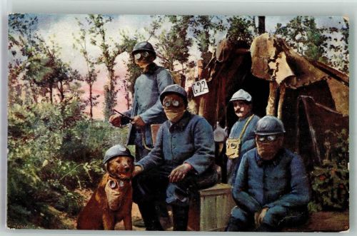 sign. Sadag Soldaten m. Masken u. Hund Militär Schweiz Künstlerkarte