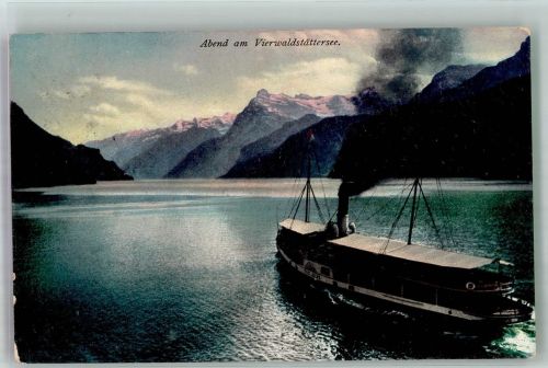 Raddampfer Stadt Luzern in der Abenddämmerung auf dem Vierwaldstättersee Fotograf Goetz Binnenschiff 1912