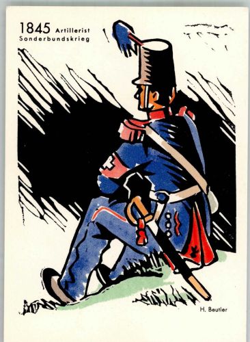 Bern Berne Uniform Artillerist Sonderbundskrieg 1845 Spende schweiz. Rotes Kreuz Militär Schweiz Lithographie / Künstlerkarte