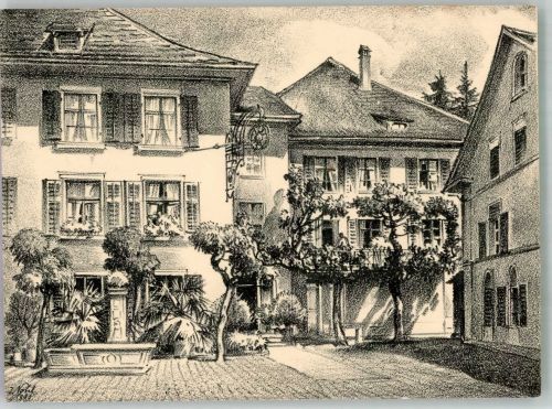 8463 Benken ZH 1942 Radierung sign. Nohl Gasthaus zur Sonne Feldpost Stab.Grenz.Füs.Bat. 264