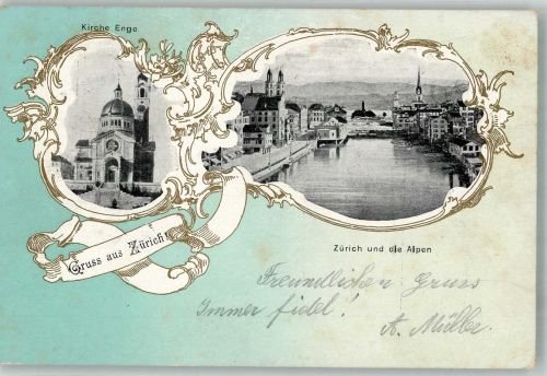 8000 Zürich 1900 Foto AK Kirche Enge Gruss aus