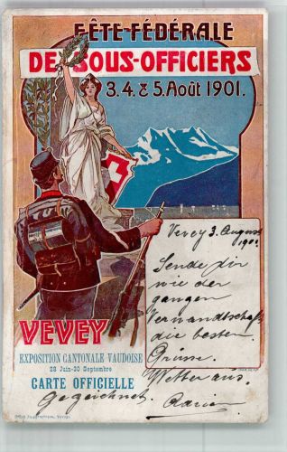 Vevey Helvetia Festival der Unteroffiziere des Bundes 1901 Militär Schweiz Lithographie