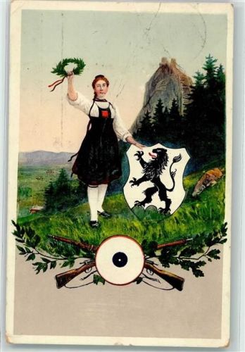 Rüschegg Gambach 1911 Trachtenmädchen mit Kranz und Gewehren