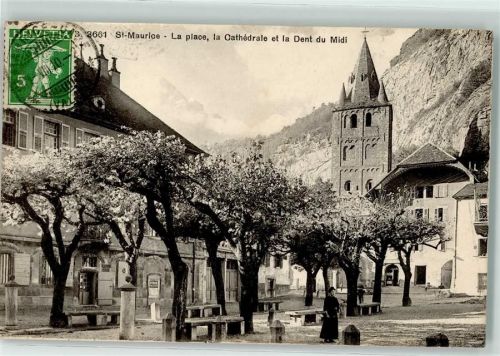 St-Maurice 1910 der Platz die Kirche Zahn des Midi