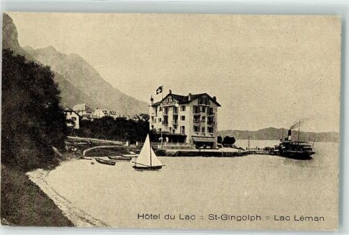 St-Gingolph Hotel am See Genfer See Seitenraddampfer Segelboot
