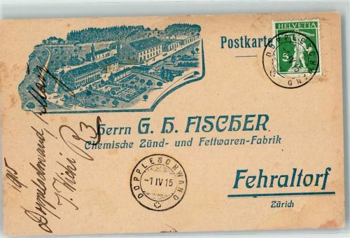 Fehraltorf 1915 Herrn G.H. Fischer Chemische Zünd und Fettwaren Fabrik