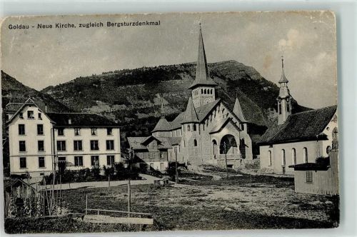 6410 Goldau 1910 Gebrauchsspuren neue Kirche zugleich Bergsturzdenkmal