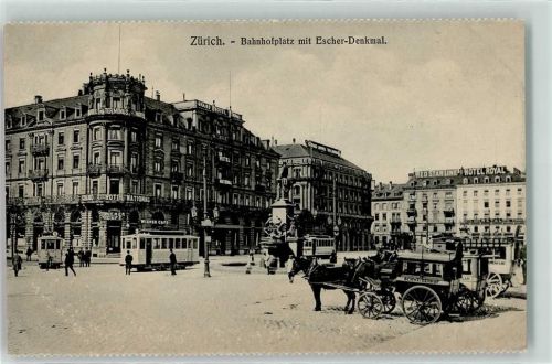 Zürich Bahnhofplatz Pferdekutsche Straßenbahn