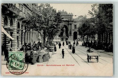 Zürich 1906 Bahnhof Straßenbahnen Marktszene