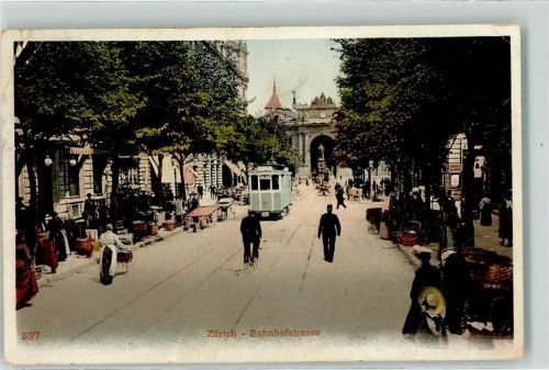 Zürich 1907 Bahnhofstrasse Straßenbahn Marktszene
