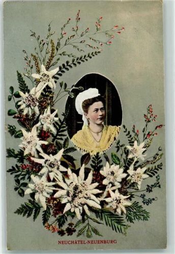 Finhaut 1908 Neuenburger Frau in Tracht mit Edelweissumrandung Ort lt. Stempel