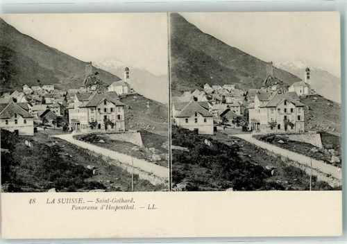 6493 Hospental Stereo AK Hotel Burg Langobardenturm Kirche Mariä Himmelfahrt St.Gothard