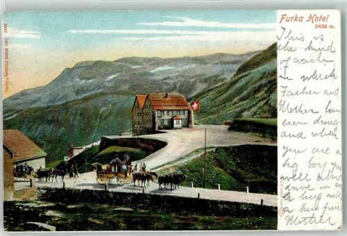 Furka 1902 Lithographie Hotel Furkapost Postkutsche