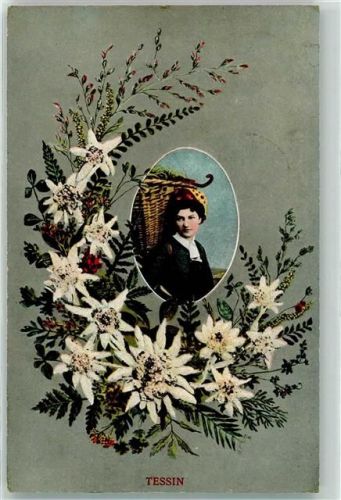 Finhaut Tessiner Trachtenfrau mit Tragkorb mit Edelweiss umrahmt Ort lt. Stempel
