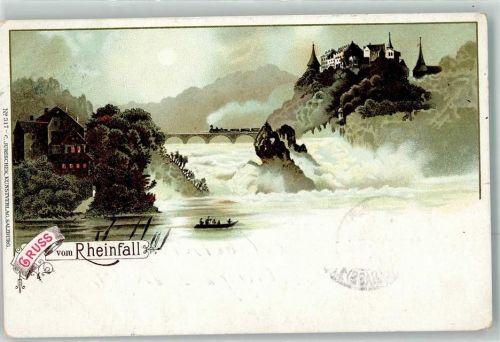 8212 Neuhausen am Rheinfall 1898 Lithographie Mondschein Eisenbahn Ruderboot