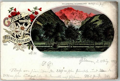 Guttannen 1899 Jungfrau Alpenglühn Berner Oberland Ort lt. Stempel