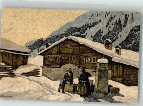 Für die Jugend sign. Schlatter Berghütten Brunnen Wasser im Winter holen