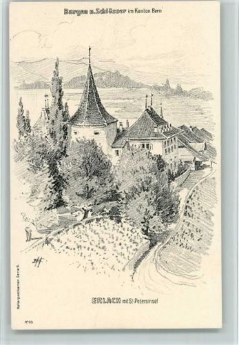 Erlach Burgen und SchlösserHallerpostkarte Serie 4 Nr. 55,Federzeichnung Signiert, gute Erhaltung AK