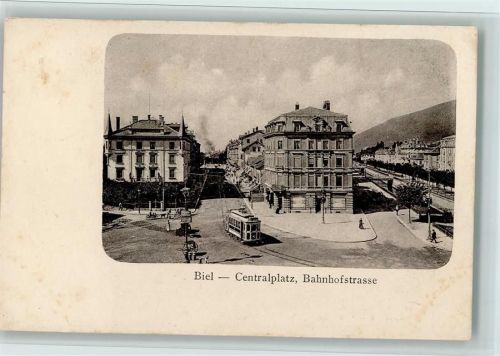 Biel VS 1915 Centralplatz, Bahnhofstr. mit Strassenbahn,Verlag Knopf Nr. 63, ERhaltung Flecken.