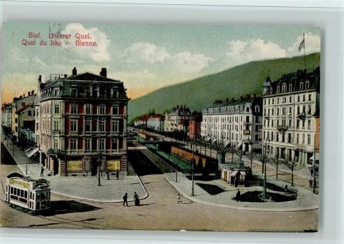 Biel VS Strassenansicht Unterer Quai mit Strassenbahn, gute Erhaltung AK.