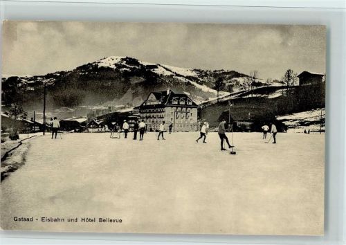 Gstaad Eisbahn, Eishockey, Hotel Bellevue, sehr gute Erhaltung AK