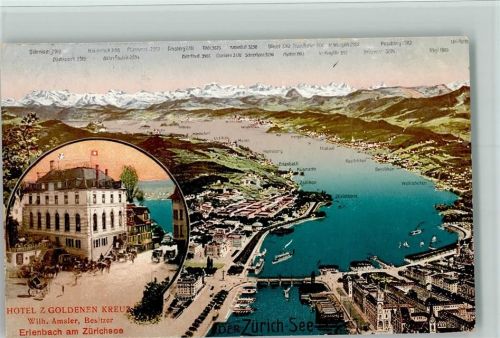 Erlenbach ZH 1913 Hotel z. Goldenen Anker Pferdekutschen Panorama Anlegestelle Alpenansicht d. Zürichsees