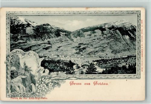 6410 Goldau 1899 Gebrauchsspuren Gruss aus - Rigi Bergbahn , vue generale, Verlag Guggenheim Nr. 3636