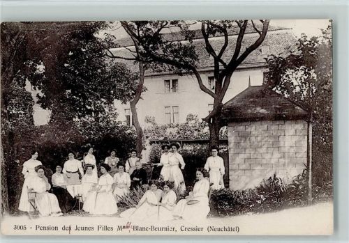 Cressier NE 1908 Verlag Jacot 3005 Pension des Jeunes Filles - Madame Blanc-Beurnier , Frauen im Garten