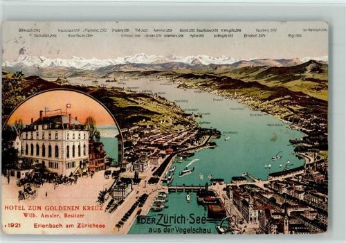 Erlenbach ZH 1910 Zürichsee Vogelperspektive Hotel Zum goldenen Kreuz