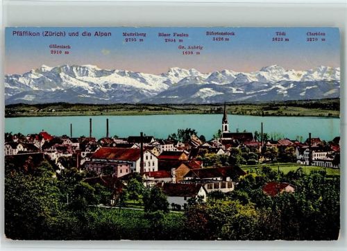 Pfäffikon ZH Ortsansicht mit Alpen Glärnisch Muttriberg Böser Faulen Gr. Aubrig Bifertenstock Tödi Clariden
