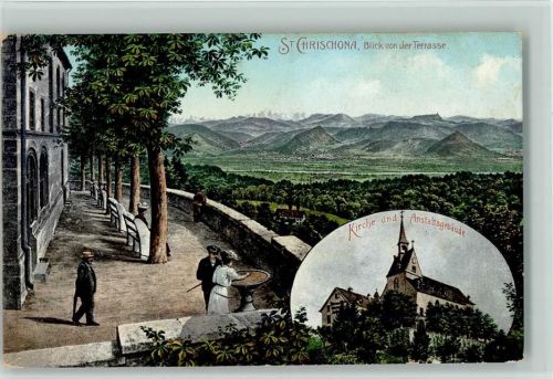 St Chrischona - 1909 Blick von der Terrasse Kirche und Anstaltsgebäude