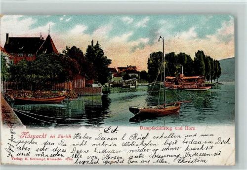 Küsnacht ZH 1901 Lithographie Dampfschiffsteg und Horn