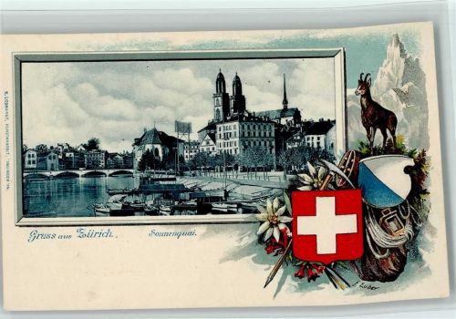 Zürich Sonnenquai Gämse Edelweiss sign F. Zuber Scan verzogen Karte ohne Mängel