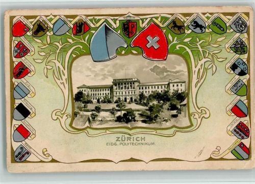 Zürich Eidg. Polytechnikum Wappen Jugendstilrahmen Lithographie/Prägedruck