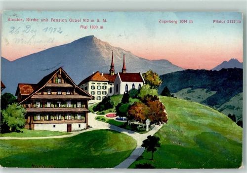 Menzingen Kloster Kirche Pension Gubel mit Rigi Zugerberg Pilatus sign