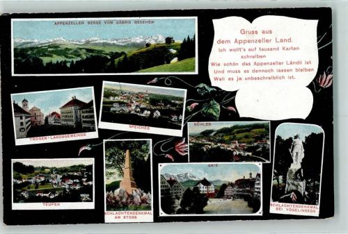 Speicher Appenzeller Berge vom Gäbris gesehen Trogen-Landsgemeinde Speicher Teufen Schlachtendenkmal am Stoss Bühler Gais Schlachtenenkmal bei Vögelinsegg