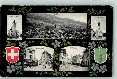 9450 Altstätten SG 1912 Gebrauchsspuren kath. Kirche ev. Kirche Rathausplatz Marktgasse Tram