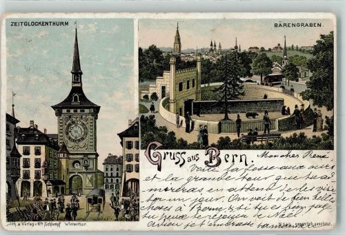 3000 Bern Berne 1897 Gebrauchsspuren Zeitglockenturm Bärengraben Lithographie