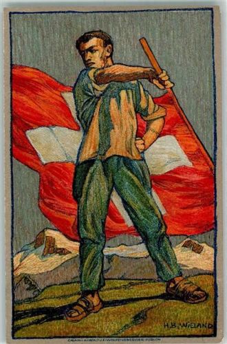 Beckenried 1912 Bundesfeier Mann mit Fahne sign H. B. Wieland
