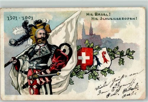 Mann mit Fahne Eichenlaub Wappen Lithographie