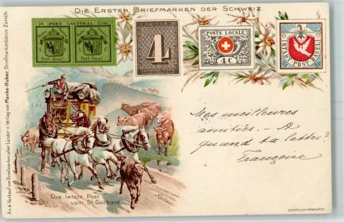 1905 Die letzte Post vom St. Gotthard Fünfspänner Kühe Die ersten Briefmarken der Schweiz sign Koller
