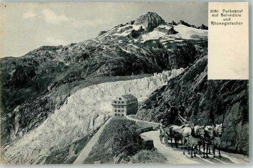 Furkapost mit Belvedere und Rhonegletscher Fünfspänner Postkutsche Schweiz