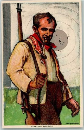 1924 Schweizerischer Schützenverein Mann Gewehr Pfeife Zielscheibe sign J. E. Hugentobler