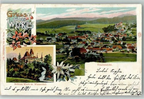Worb 1902 Schloss und Wasserfall , Totalansicht AK