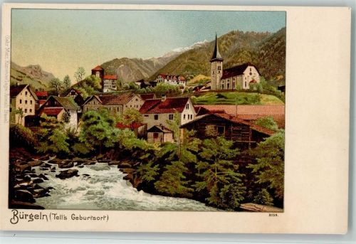Bürglen UR 1898 Gruss aus - Gebr. Metz 8159 - Teilansicht mit Kirche und Bach, Erhaltung I AK