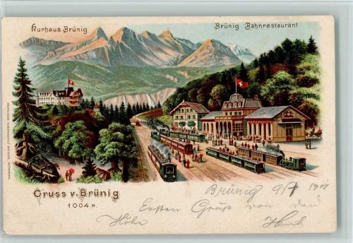 Brünig 1901 Gruss aus - Bahnhof mit 4 Eisenbahnen, Verlag Guggenheim