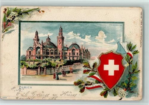 Zürich 1901 Prägedruck Tonhalle Wappen sign HF Lithographie